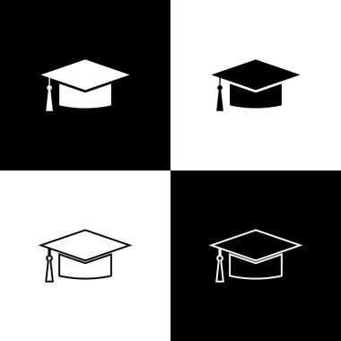 Siyah ve beyaz arka planda izole mezuniyet kapağı simgeleri ayarlayın. Püskül simgesiyle mezuniyet şapkası. Çizgi, anahat ve doğrusal simge. Vektör Illustration