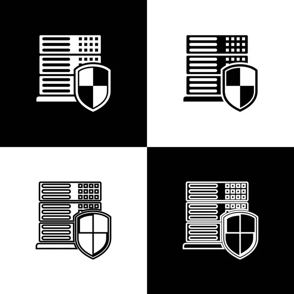 Defina Servidor com ícones de escudo em fundo preto e branco. Protecção contra ataques. firewall de rede, roteador, switch ou servidor, dados, centro. Linha, contorno e ícone linear. Ilustração vetorial —  Vetores de Stock