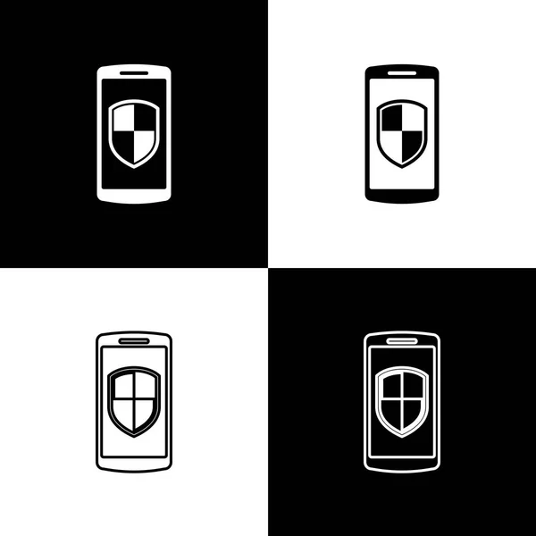 Definir Smartphone, telefone celular com ícones escudo de segurança isolado em fundo preto e branco. Linha, contorno e ícone linear. Ilustração vetorial —  Vetores de Stock