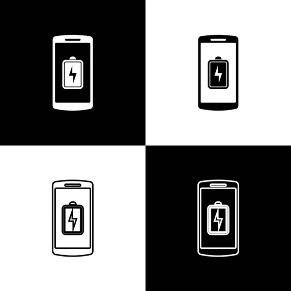 Definir ícones de carga da bateria Smartphone isolado no fundo preto e branco. Telefone com bateria fraca. Linha, contorno e ícone linear. Ilustração vetorial — Vetor de Stock