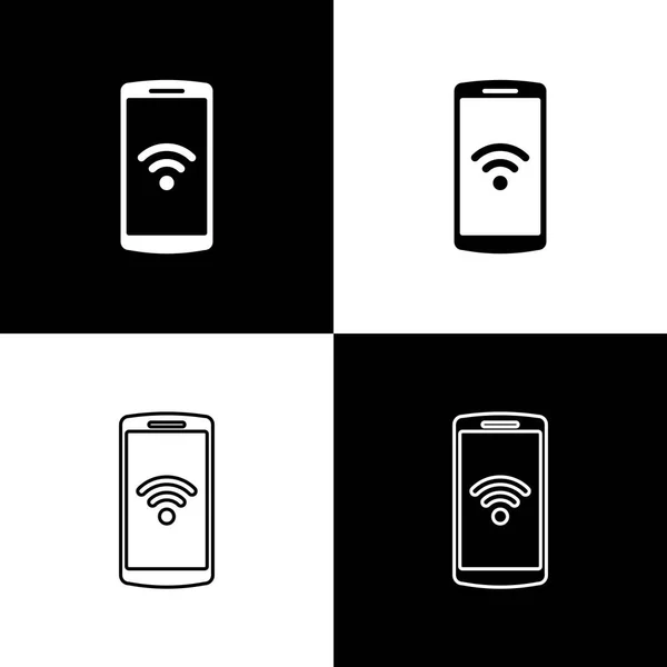 Set Smartphone with free wi-fi wireless connection icons on black and white background. Wireless technology, wi-fi connection, wireless network. Line, outline and linear icon. Vector Illustration — Stock Vector