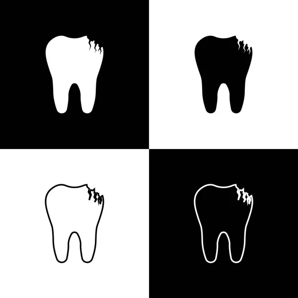Definir ícones de dentes quebrados isolados em fundo preto e branco. Ícone de problema dentário. Símbolo de cuidados dentários. Linha, contorno e ícone linear. Ilustração vetorial —  Vetores de Stock