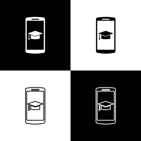 Ρυθμίστε το καπάκι αποφοίτησης στην οθόνη smartphone εικονίδια απομονώνονται σε μαύρο και άσπρο φόντο. Ηλεκτρονική μάθηση ή έννοια της ηλεκτρονικής μάθησης. Γραμμή, περίγραμμα και γραμμικό εικονίδιο. Απεικόνιση διανυσματικών φορέων — Διανυσματικό Αρχείο