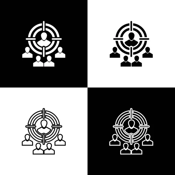 Establezca iconos de concepto de estrategia de objetivo de marketing aislados en fondo blanco y negro. Apunta con la firma de la gente. Línea, contorno e icono lineal. Ilustración vectorial — Vector de stock