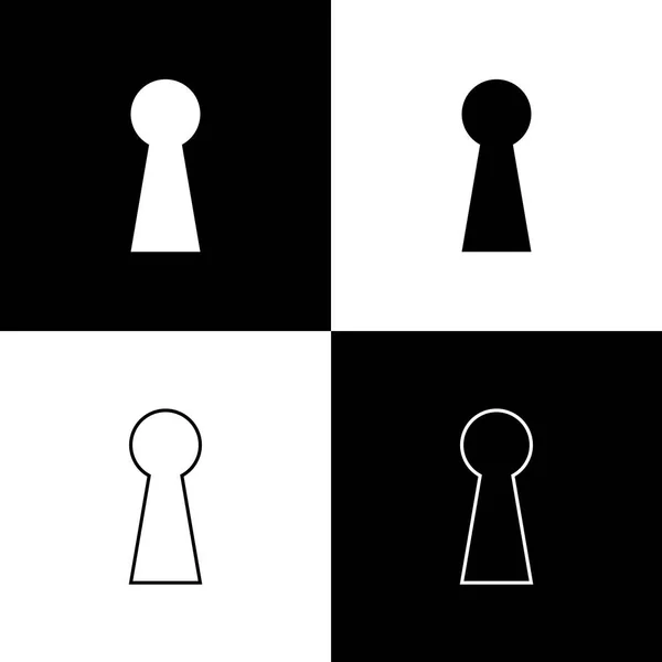 Állítsa kulcslyuk ikonok fekete-fehér háttér. Sikerének kulcsa megoldás. Keyhole kifejezni fogalmát rejtély, titkos, kukucskál, a biztonság, a biztonság. Vonal-, vázlat-és lineáris ikon. Vektoros illusztráció — Stock Vector