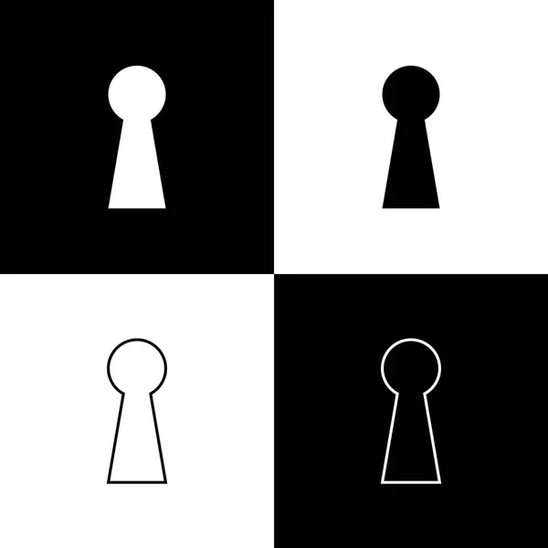 Establecer iconos de ojo de cerradura sobre fondo blanco y negro. Clave de la solución de éxito. La cerradura expresa el concepto de acertijo, secreto, espionaje, seguridad, seguridad. Línea, contorno e icono lineal. Ilustración vectorial — Vector de stock