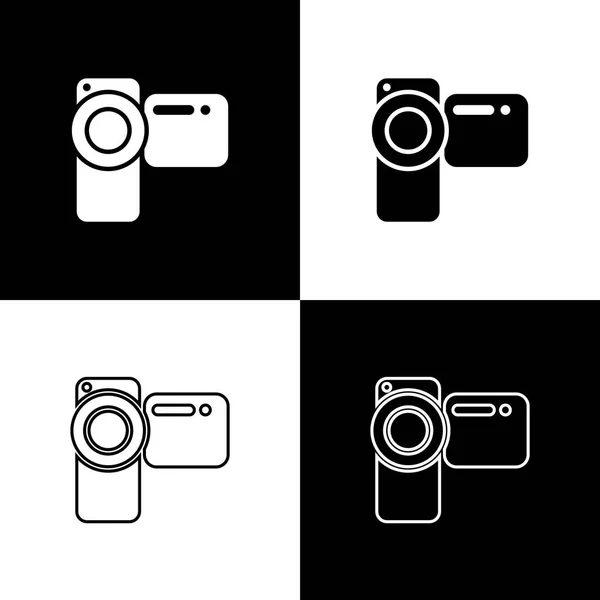Definir ícones de câmera de cinema isolado em fundo preto e branco. Câmera de vídeo. Sinal de filme. Projector de filme. Linha, contorno e ícone linear. Ilustração vetorial —  Vetores de Stock