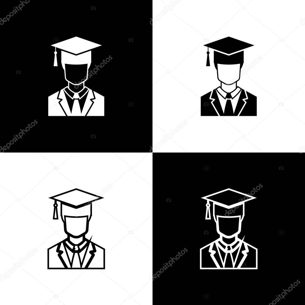 Set Male graduate student profile with gown and graduation cap icons isolated on black and white background. Line, outline and linear icon. Vector Illustration