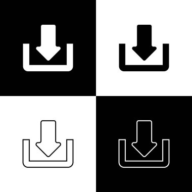 Siyah beyaz arka planda izole Download simgeleri ayarlayın. Yükleme düğmesi. Yükleme sembolü. Ok aşağı işaret. Çizgi, anahat ve doğrusal simge. Vektör Illustration