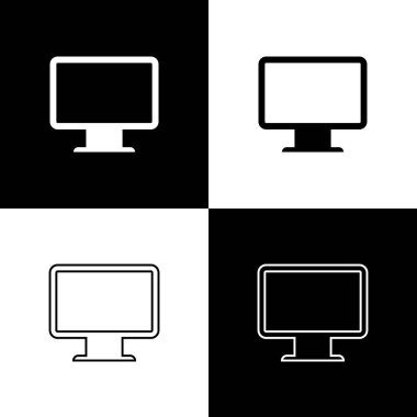 Siyah ve beyaz arka planda yalıtılmış bilgisayar monitörü ekran simgeleri ayarlayın. Elektronik cihaz. Ön görünüm. Çizgi, anahat ve doğrusal simge. Vektör Illustration