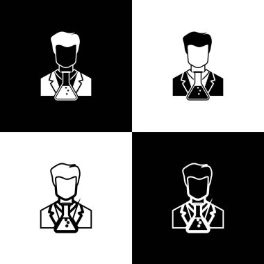 Set Scientist ve test tüp simgeleri siyah ve beyaz arka planda izole. Bilim adamı kimyager laboratuar Flask analiz eder. Çizgi, anahat ve doğrusal simge. Vektör Illustration