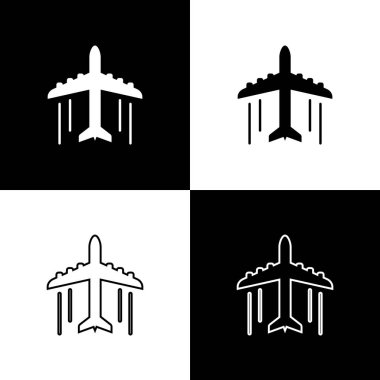 Siyah ve beyaz arka planda yalıtılmış düzlem simgeleri ayarlayın. Uçan uçak simgesi. Airliner işareti. Çizgi, anahat ve doğrusal simge. Vektör Illustration