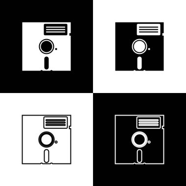 Siyah ve beyaz arka planda yalıtılmış 5,25 inç simgeleri Floppy disketi ayarlayın. Bilgisayar veri depolama için disket. Disket işareti. Çizgi, anahat ve doğrusal simge. Vektör Illustration