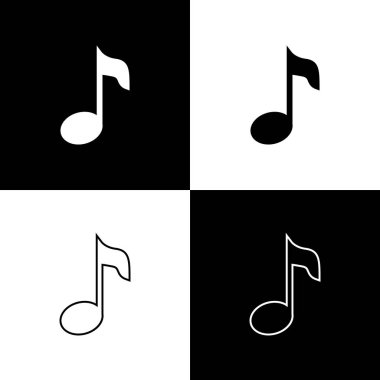 Müzik notu, siyah ve beyaz arka planda izole ton simgeleri ayarlayın. Çizgi, anahat ve doğrusal simge. Vektör Illustration