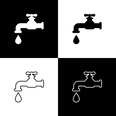 Siyah ve beyaz arka planda izole düşen su damlası simgeleri ile su musluk ayarlayın. Çizgi, anahat ve doğrusal simge. Vektör Illustration