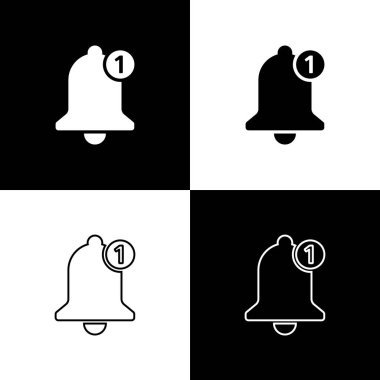 Siyah ve beyaz arka planda izole çan simgeleri ayarlayın. Yeni bildirim simgesi. Yeni ileti simgesi. Çizgi, anahat ve doğrusal simge. Vektör Illustration