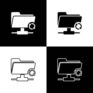 Siyah ve beyaz arka planda FTP senkronizasyonu yenileme simgeleri ayarlayın. Yazılım Güncelleme kavramı, Transfer Protokolü, yönlendirici, takım çalışması aracı yönetimi. Çizgi, anahat ve doğrusal simge. Vektör Illustration