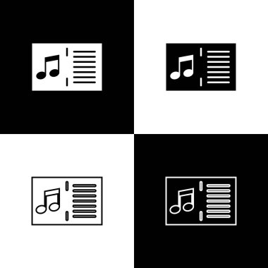 Müzik kitabını siyah beyaz arka planda izole edilmiş Not simgeleri ile ayarlayın. Not Stave ile müzik sayfası. Müzik notları için Not defteri. Çizgi, anahat ve doğrusal simge. Vektör Illustration