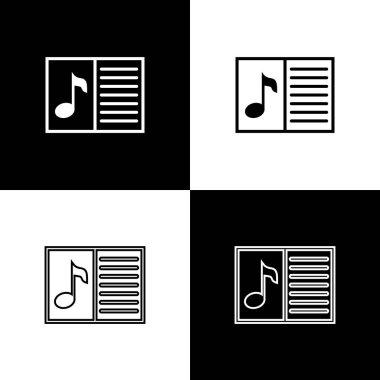 Müzik kitabını siyah beyaz arka planda izole edilmiş Not simgeleri ile ayarlayın. Not Stave ile müzik sayfası. Müzik notları için Not defteri. Çizgi, anahat ve doğrusal simge. Vektör Illustration