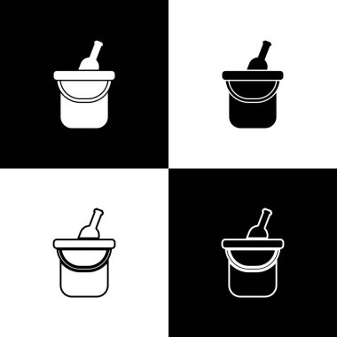 Siyah ve beyaz arka planda izole buz kovası simgeleri bir şişe şarap ayarlayın. Çizgi, anahat ve doğrusal simge. Vektör Illustration