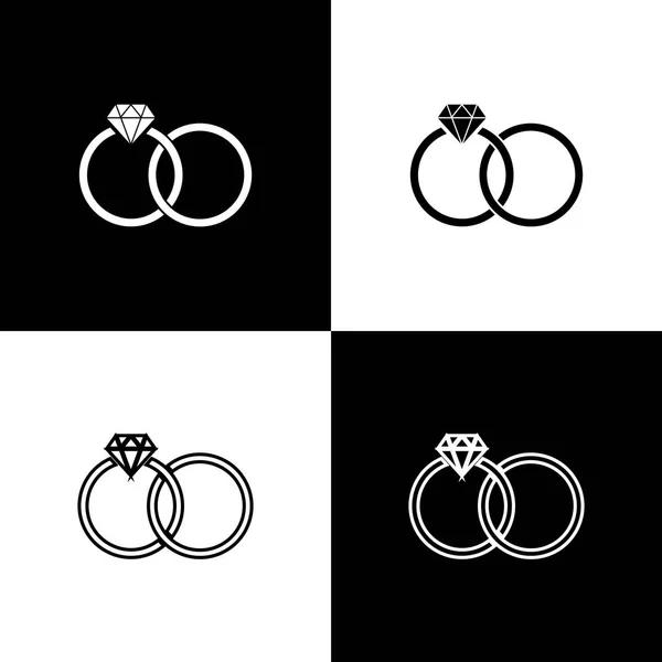 Σετ δαχτυλίδια γάμων απομονώνονται σε μαύρο και άσπρο φόντο. Υπογραφή κοσμημάτων νύφης και γαμπρού. Το εικονίδιο του γάμου. Διαμαντένιο δαχτυλίδι. Γραμμή, περίγραμμα και γραμμικό εικονίδιο. Απεικόνιση διανυσματικών φορέων — Διανυσματικό Αρχείο