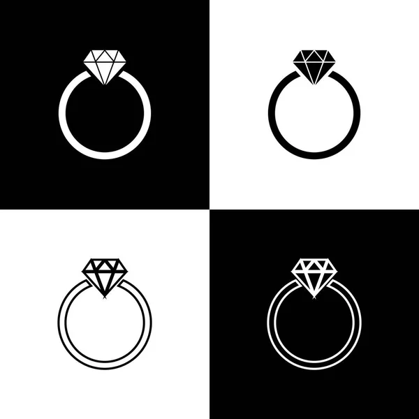 Set Diamant Verlobungsring Symbole isoliert auf schwarzem und weißem Hintergrund. Linie, Umriss und lineares Symbol. Vektorillustration — Stockvektor