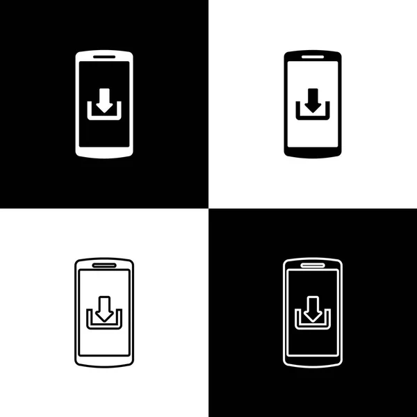 Set Smartphone with download icons isolated on black and white background. Line, outline and linear icon. Vector Illustration — Stock Vector