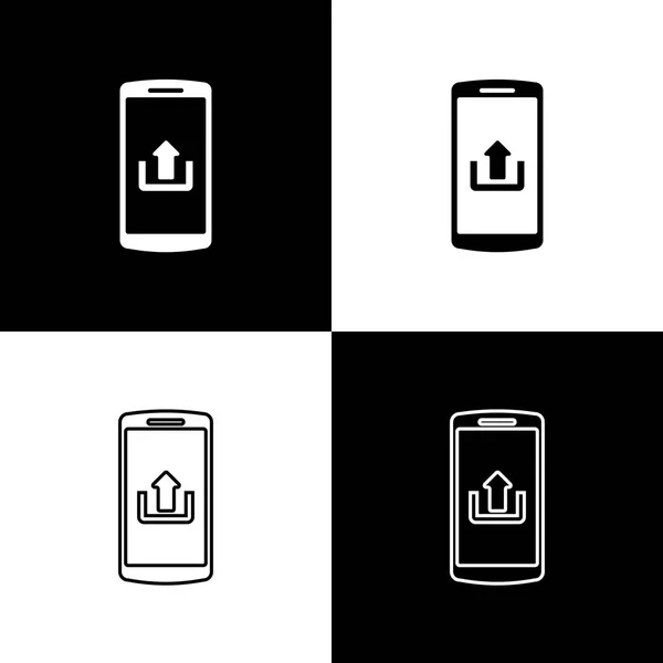 Definir Smartphone com ícones de upload isolados em fundo preto e branco. Linha, contorno e ícone linear. Ilustração vetorial — Vetor de Stock