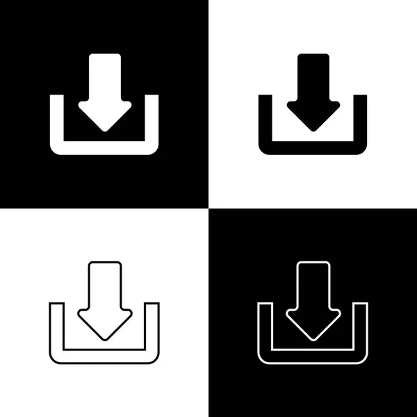 Set Download icons isolated on black and white background. Upload button. Load symbol. Arrow point to down. Line, outline and linear icon. Vector Illustration — Stock Vector