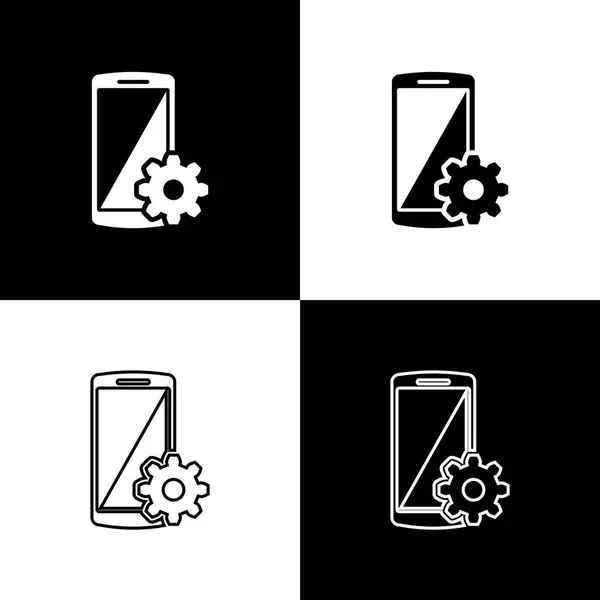 Ustaw ustawienie na ikonach ekranu smartfona na czarno-białym tle. Telefon komórkowy i znak biegów. Dostosowywanie aplikacji, Ustawianie opcji, ustalanie koncepcji telefonu. Linia, kontur i ikona liniowa. Ilustracja wektorowa — Wektor stockowy