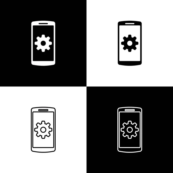 Definir configuração em ícones de tela do smartphone em fundo preto e branco. Telemóvel e placa de velocidades. Ajustando aplicativo, definir opções, fixação de conceitos de telefone. Linha, contorno e ícone linear. Ilustração vetorial —  Vetores de Stock