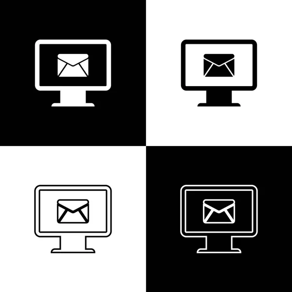 黒と白の背景にコンピュータのモニターと封筒、新しいメッセージ、メール、電子メールのアイコンを設定します。電子メールのニュースレター、ヘッダー、ブログの投稿の使用。線、アウトライン、リニアアイコン。ベクターイラスト — ストックベクタ