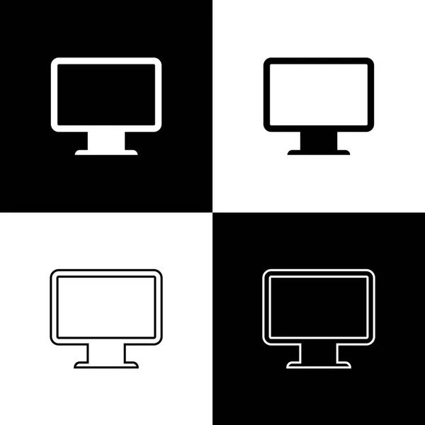 Stellen Sie Bildschirmsymbole des Computermonitors isoliert auf schwarz-weißem Hintergrund ein. Elektronikgerät. Frontansicht. Linie, Umriss und lineares Symbol. Vektorillustration — Stockvektor