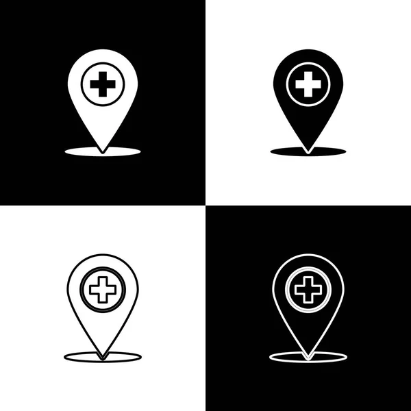 Set medizinische Landkarte Zeiger mit Kreuz Krankenhaus Symbole isoliert auf schwarz-weißem Hintergrund. Linie, Umriss und lineares Symbol. Vektorillustration — Stockvektor