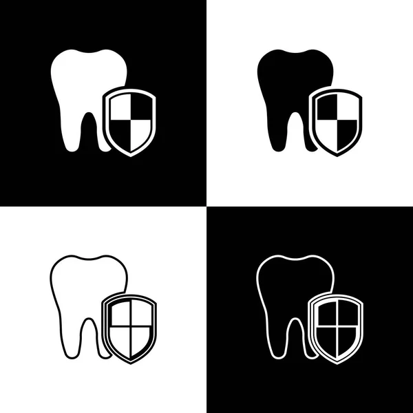 Set Dental protection icons isolated on black and white background. Tooth on shield logo. Line, outline and linear icon. Vector Illustration — Stock Vector