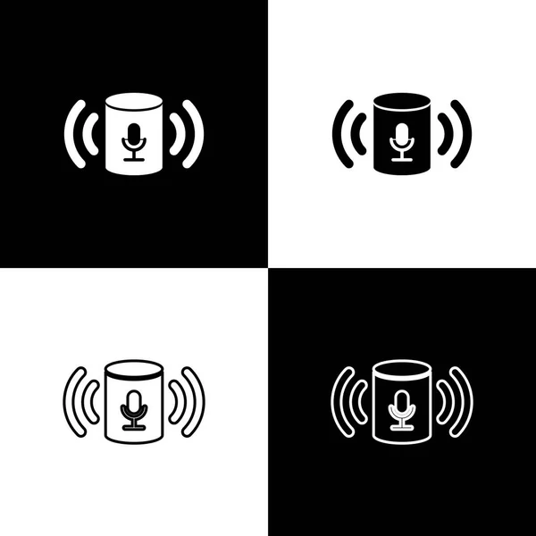 Ställ in röst assistent ikoner isolerade på svart och vit bakgrund. Röst kontroll användar gränssnitt smart högtalare. Linje, kontur och linjär ikon. Vektor illustration — Stock vektor