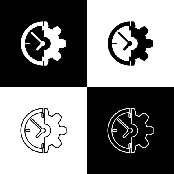 Icons für Uhr und Getriebe isoliert auf schwarzem und weißem Hintergrund. Zeitmanagement-Symbol. Geschäftskonzept. Linie, Umriss und lineares Symbol. Vektorillustration — Stockvektor