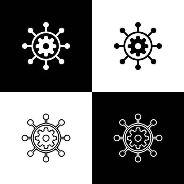 Définir les icônes de gestion de projet isolées sur fond noir et blanc. Hub et rayons et engrenage icône solide. Ligne, contour et icône linéaire. Illustration vectorielle — Image vectorielle