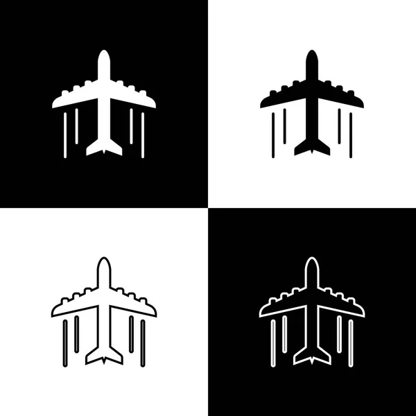 Set Iconos planos aislados sobre fondo blanco y negro. Icono del avión volador. Firma del avión. Línea, contorno e icono lineal. Ilustración vectorial — Archivo Imágenes Vectoriales