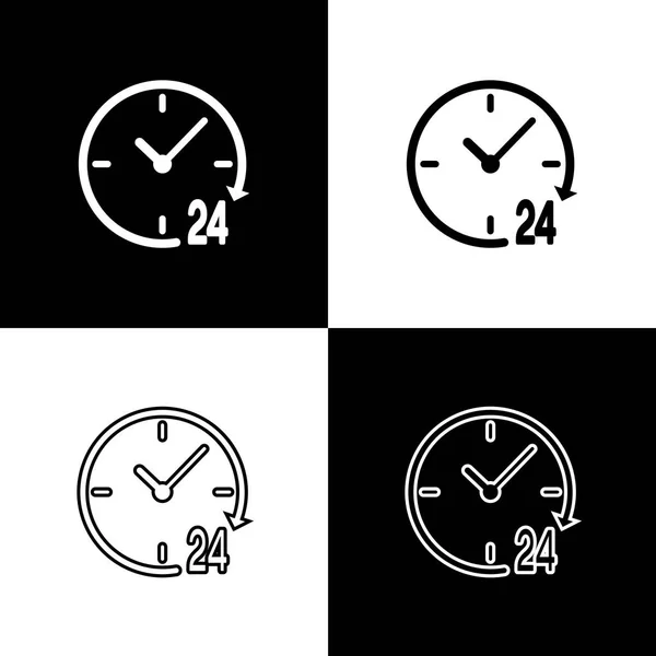 将时钟24小时图标设置为黑色和白色背景上的隔离。全天循环图标。24小时服务符号。线条、轮廓和线性图标。矢量插图 — 图库矢量图片