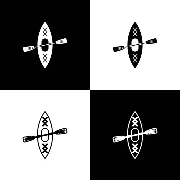 Nastavte kajaku a lopatkové ikony izolované na černém a bílém pozadí. Kajaku a kánoe pro rybaření a turistiku. Venkovní aktivity. Ikona spojnicového, obrysového a lineárního. Vektorová ilustrace — Stockový vektor
