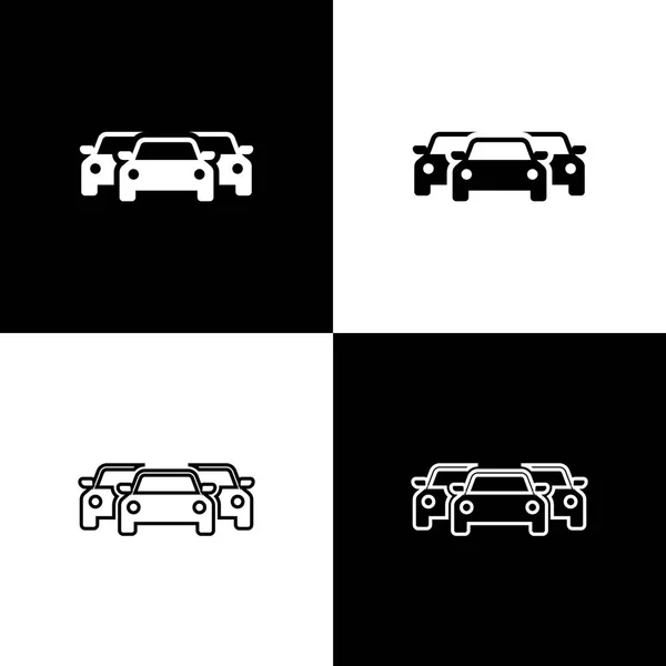 Establecer iconos de coches aislados sobre fondo blanco y negro. Línea, contorno e icono lineal. Ilustración vectorial — Vector de stock