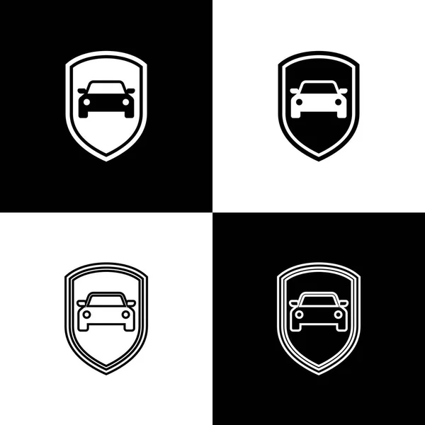 Définir des icônes de protection de voiture ou d'assurance sur fond noir et blanc. Protégez le bouclier de protection. Badge de sécurité véhicule icône. Étiquette automatique de sécurité. Ligne, contour et icône linéaire. Illustration vectorielle — Image vectorielle