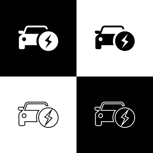 Set Electric car and electrical cable plug charging icons isolated on black and white background. Renewable eco technologies. Line, outline and linear icon. Vector Illustration — Stock Vector