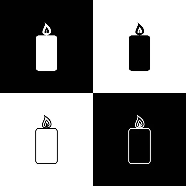 Set Iconos de velas ardientes aislados sobre fondo blanco y negro. Vela encendida a la antigua. Válvula cilíndrica aromática con llama ardiente. Línea, contorno e icono lineal. Ilustración vectorial — Vector de stock