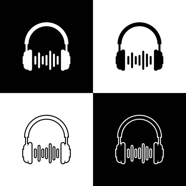 Establecer iconos de auriculares y ondas de sonido sobre fondo blanco y negro. Señal de auriculares. Objeto conceptual para escuchar música, servicio, comunicación. Línea, contorno e icono lineal. Ilustración vectorial — Vector de stock