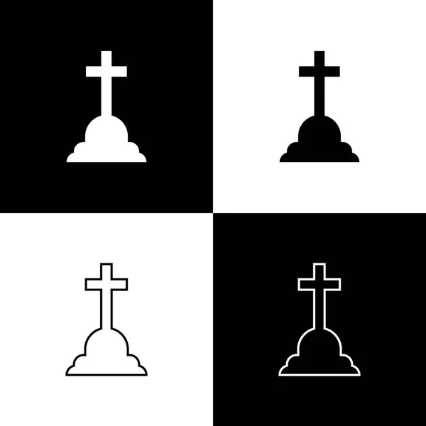 Set Tombstone with cross icons isolated on black and white background. Grave icon. Line, outline and linear icon. Vector Illustration — Stock Vector