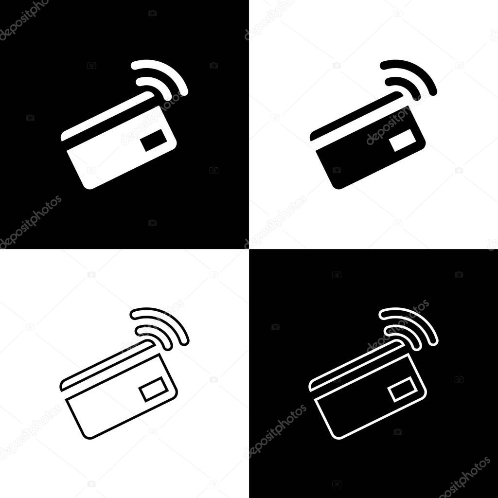 Set Contactless payment with nfc card icons isolated on black and white background. Card with radio wave sign. Credit card payment. Line, outline and linear icon. Vector Illustration