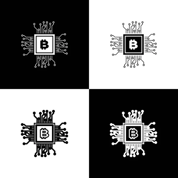 Establezca iconos de la granja minera de CPU sobre fondo blanco y negro. Bitcoin signo dentro del procesador. Criptomoneda comunidad minera. Dinero digital. Línea, contorno e icono lineal. Ilustración vectorial — Vector de stock