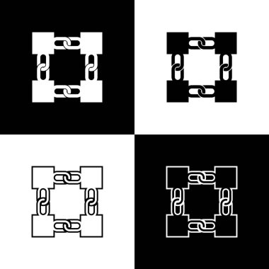 Blockchain teknolojisi simgelerini siyah beyaz arka planda ayarlayın. Cryptocurrency veri işareti. Soyut geometrik blok zincir ağ teknolojisi iş. Çizgi, anahat ve doğrusal simge. Vektör Illustration